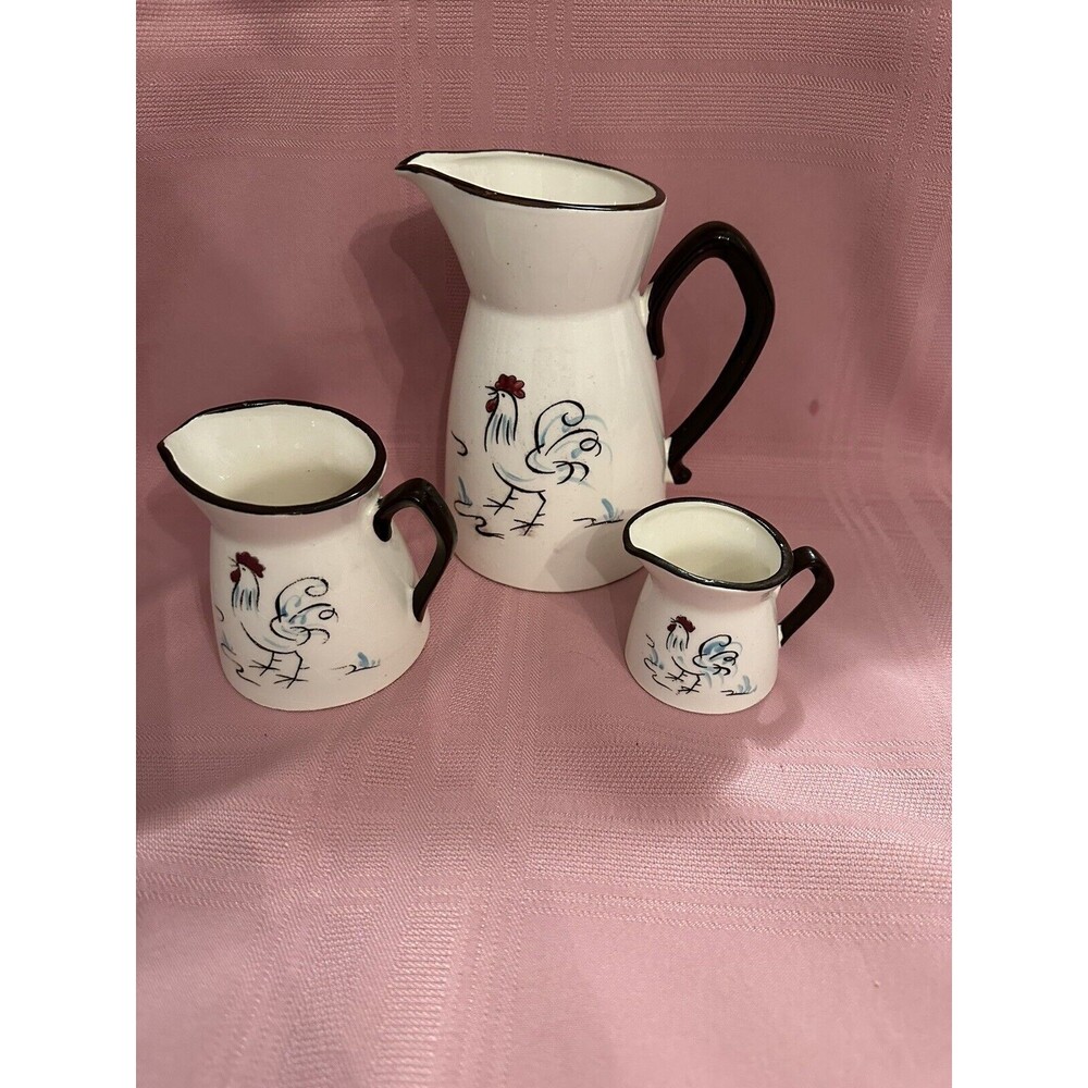 Vintage Grant Crest Hand Painted Japan Rooster Pitcher with 2 Creamers